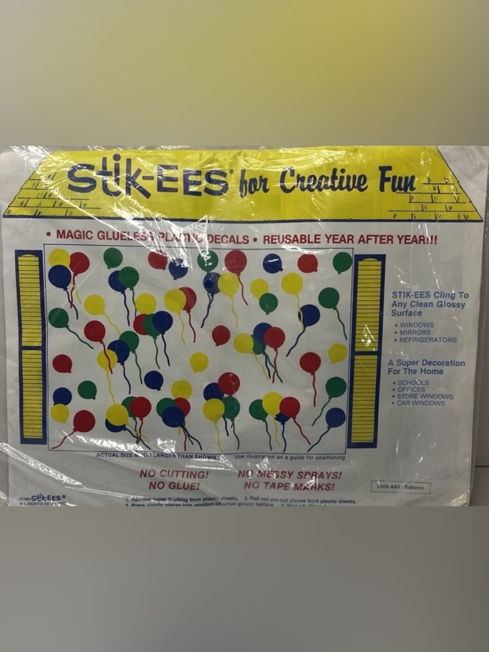 Vintage 1990 Stik-EES Reusable Window Clings Balloon Birthday NEW Pink Bl Pur